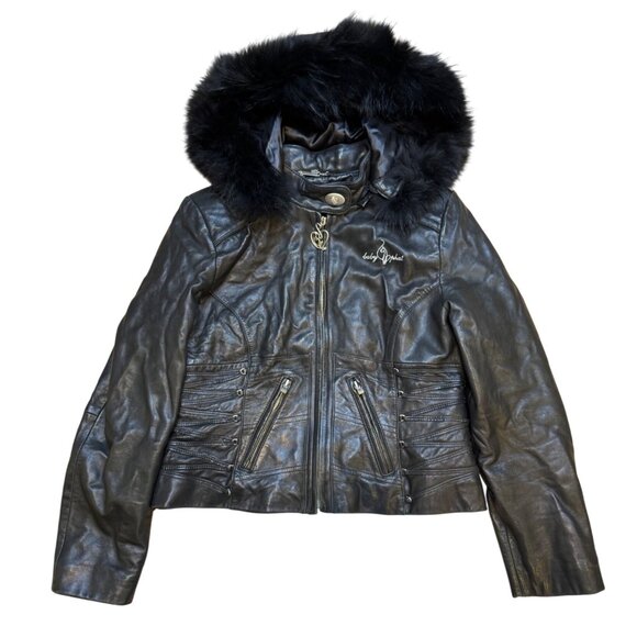 Vintage Y2K Baby Phat Genuine Leather Jacket With Faux Fur Hood Lined Leopard La - Picture 1 of 11